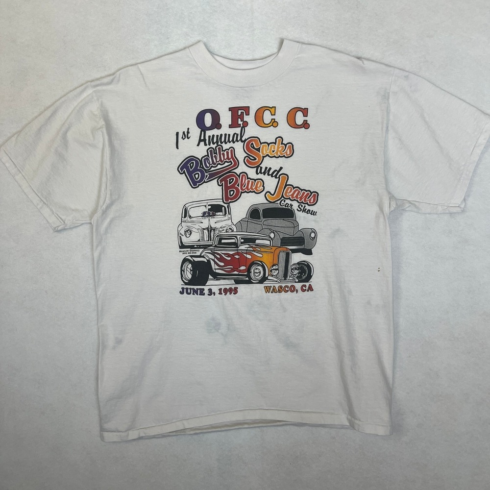 VTG Bobby Socks Car Show 1995 Oneita Mens XL White Single Stitch Graphic T-Shirt